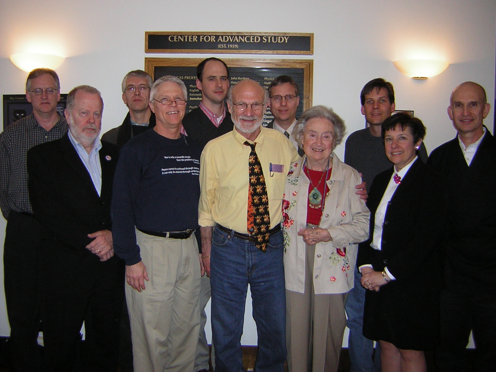 Back Row (l. to r.): Prof. Robert McKim, Prof. Alexander Mayer, Prof. Jon Ebel, David Suryk, ?, ?  Front Row (l. to r.): Dr. Carl Estabrook, ?, Prof. Stanley Hauerwas, Marjorie Hall Thulin, ?